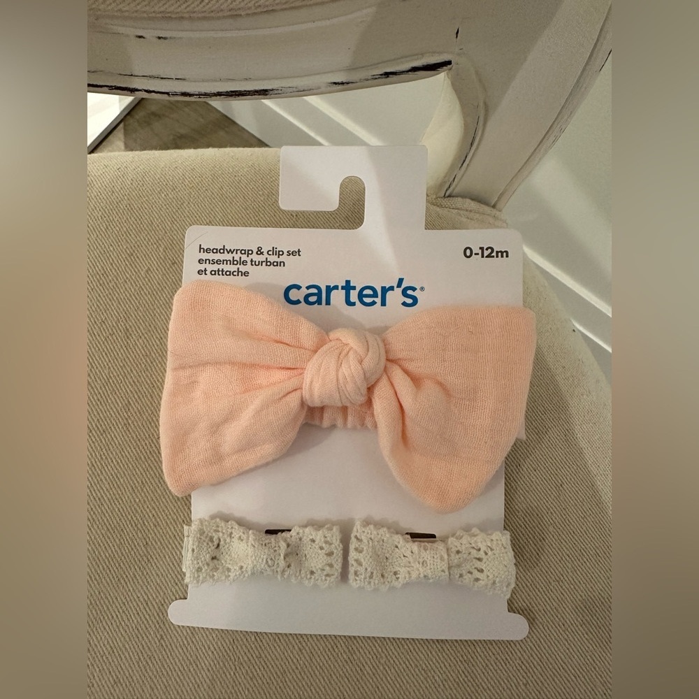🍑 0~12 Mth Carter's Peach and Cream Headwrap Bow & Crochet Clip Set NWT